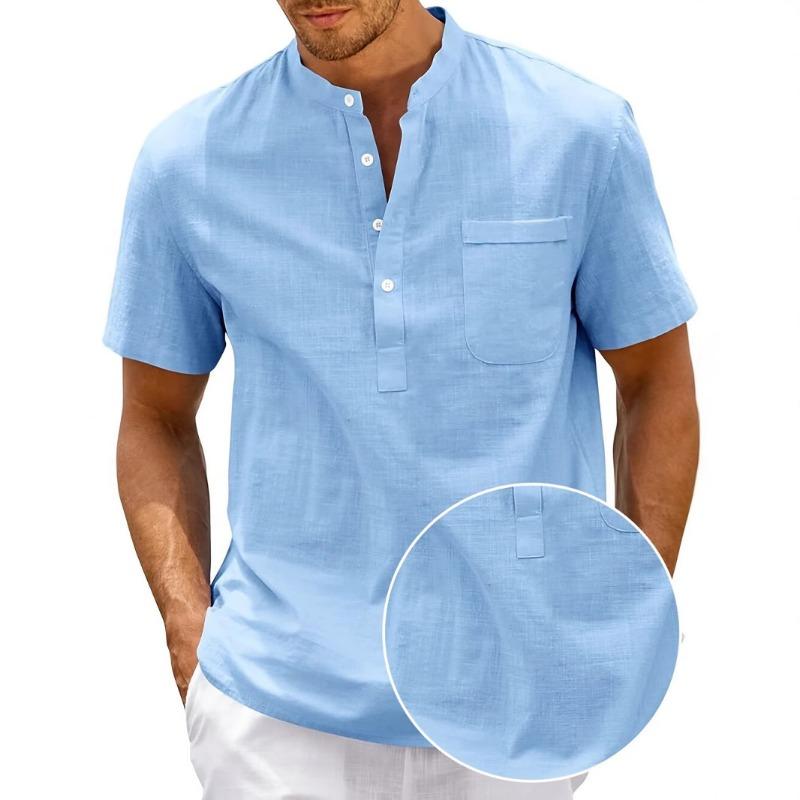 Herren Mischgewebe Einfarbig Mandarin-Kragen Henley-Shirt Kurzarm Lässig Urlaub Brusttasche Pullover Top