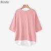 ZANZEA Women Casual Round Neck Loose Short Sleeve Patchwork Blouse
