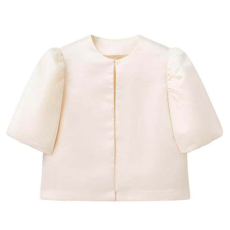 Damen Bluse Top mit Puffärmeln Einfarbig Satin Shirt Neu Frühling Sommer Damen Ärmel O Hals Locker Kurz Shirt Damen Blusen