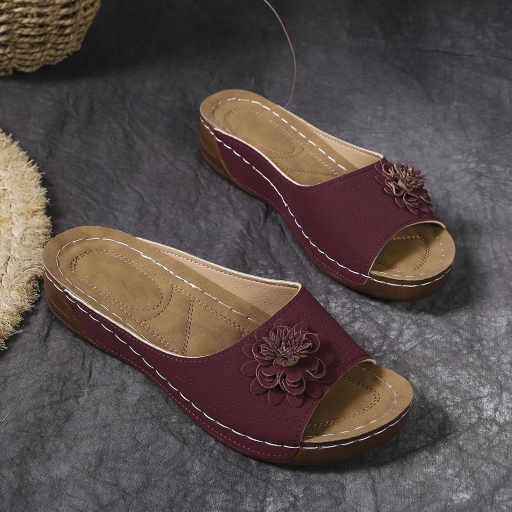 South East Asia Large Size Thick Bottom Hollow One-Word Slippers Open-toed Flower Slope Heel Beach Cool Slippers