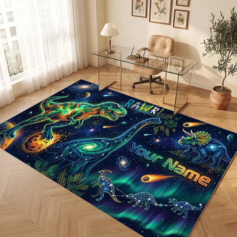 Dinosaur Theme Soft Crystal Velvet Rug Custom Name & Text Print Non Slip Floor Rug for Bedroom Living Room