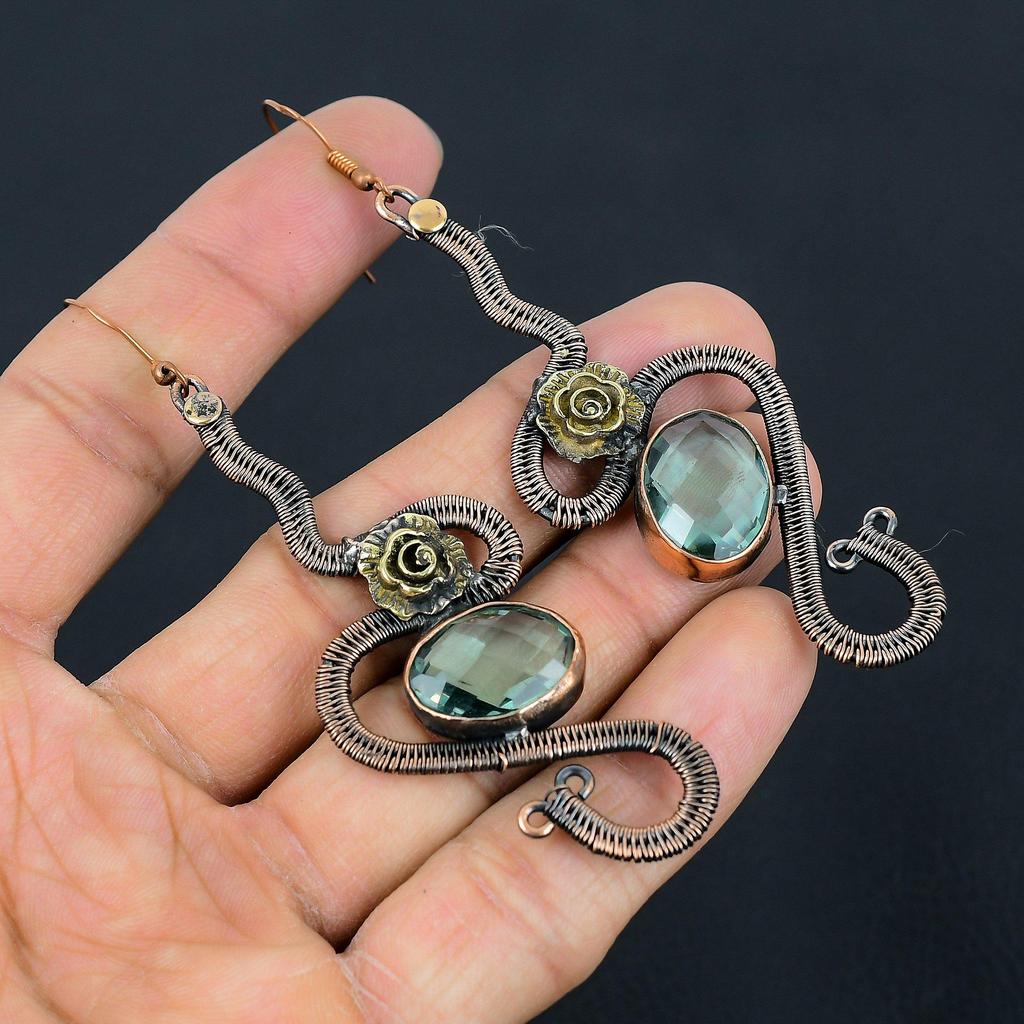 Faceted Aquamarine 999 Copper Wire Wrapped Earrings, Handmade Gemstone Earrings Jewelry, Gifts For Wife Brand New Earrings