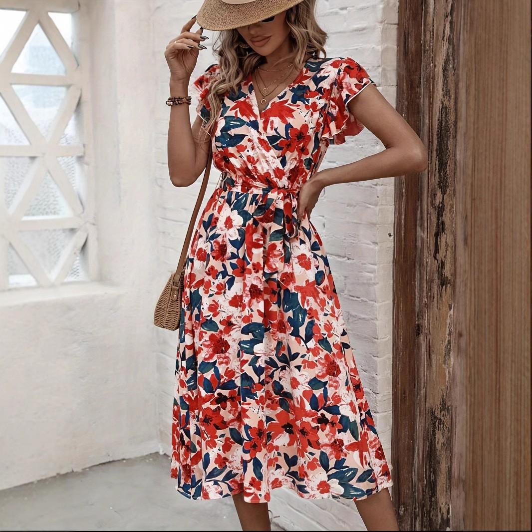 

Printed V-neck Casual Dress for All Seasons Fitted Women s Clothing for Everyday Style XL червоний