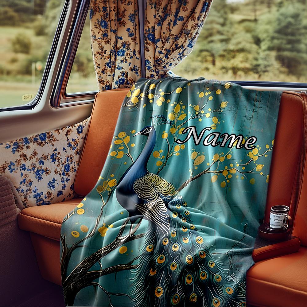 Peacock Perched On Blossoming Tree Branch Artwork Blanketcustomizable With Your Namecomfortable And Stylish Perfect For Travel Beds Chairs Offices