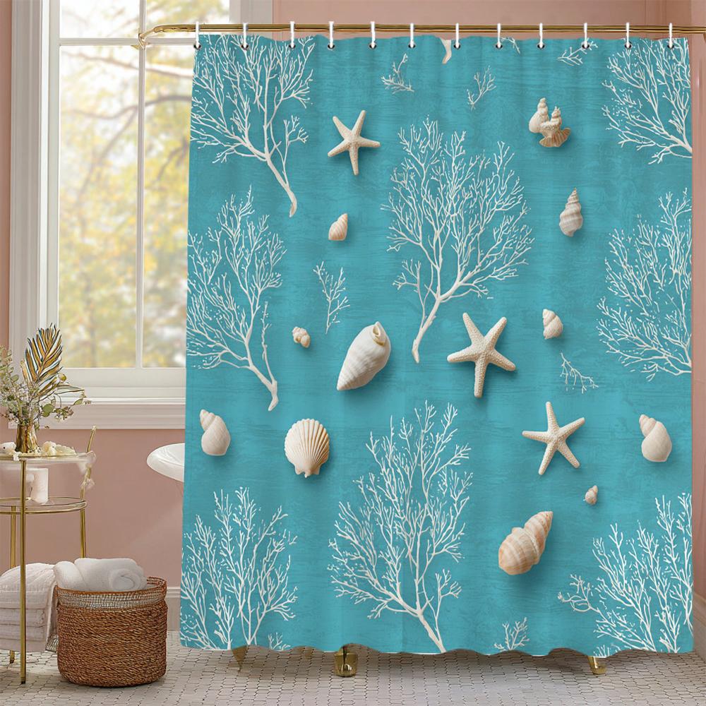 Ocean Beach Scenery Shell Starfish Waves Shower Curtain, Bathroom Decorative Shower Curtain, Printing Shower Curtain With Hooks