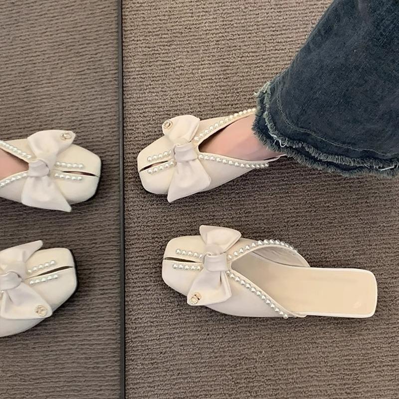 Baotou Half Slippers Women's Summer Outer Wear New Year's New Korean Version Bow Pearl Flat Bottom Soft Bottom Fish Mouth Sandals