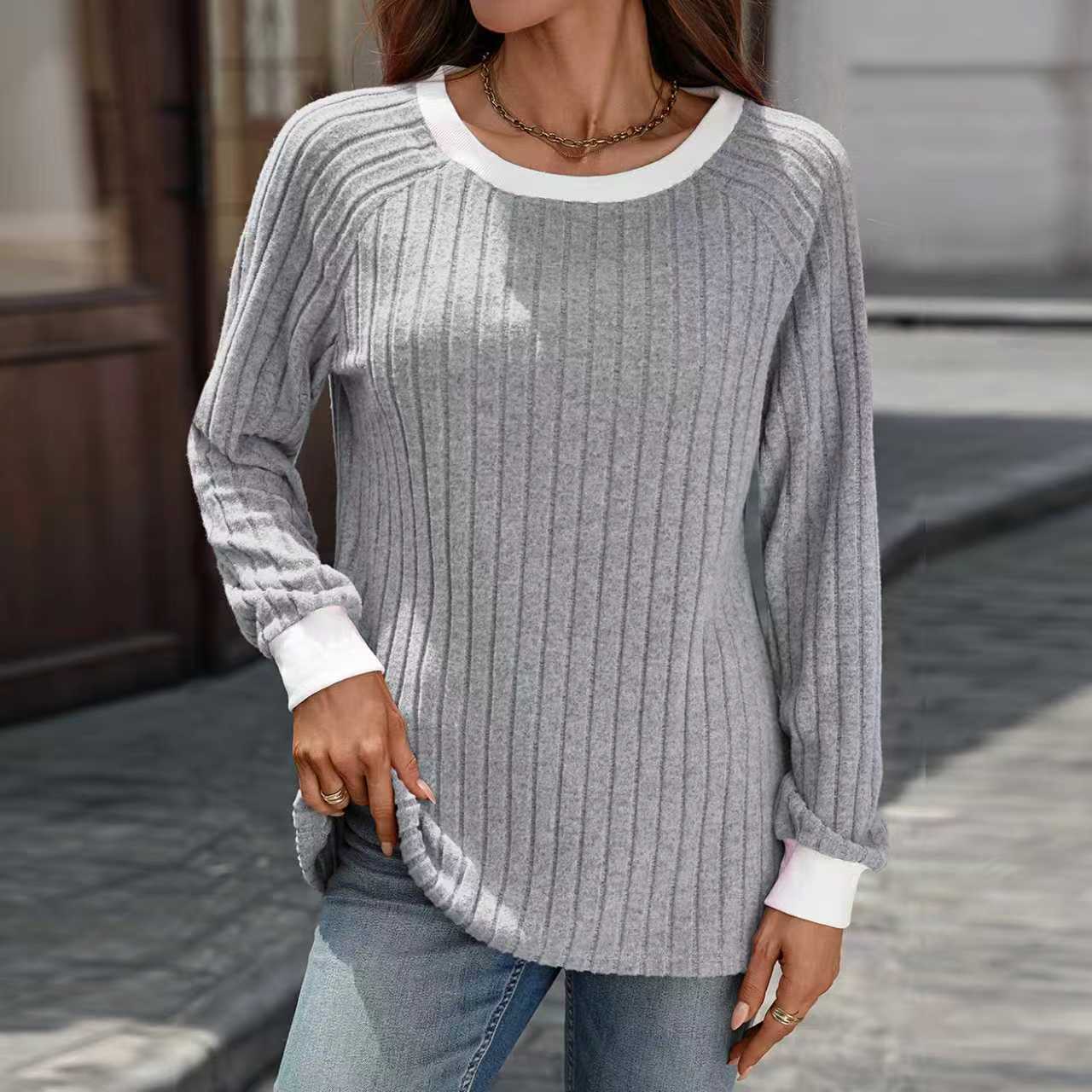 

Европейский и американский женский зимний свитер-футболка с круглым вырезом, контрастной расцветки, с длинным рукавом и рубчиком, женская одежда XL серый