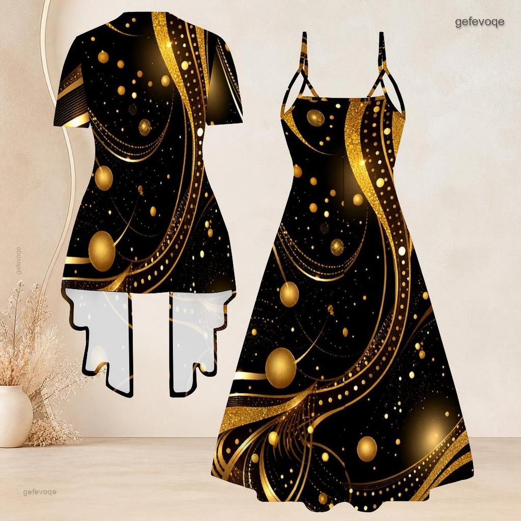 Women Plus Size Two Piece Dress Set Short Sleeve Open Cardigan Strappy V Neck Flared Printed Dress