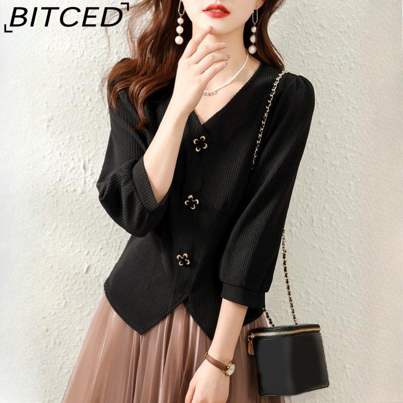 

BITCED Women s Spring Shirt - 3/4 Sleeve V-Neck Black Fitted Top for Slimming Effect XXL