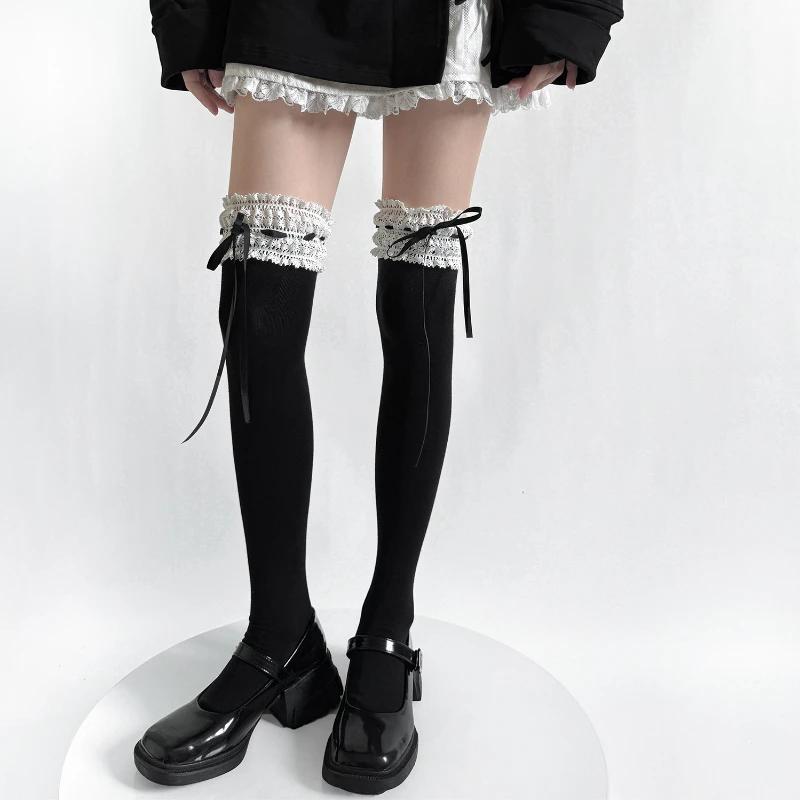 Sweet Girls Long Socks Stockings Women Bandage Ribbon Bow Knee High Socks Thigh High Stockings Lolita Lace Ruffle Socks Stocking