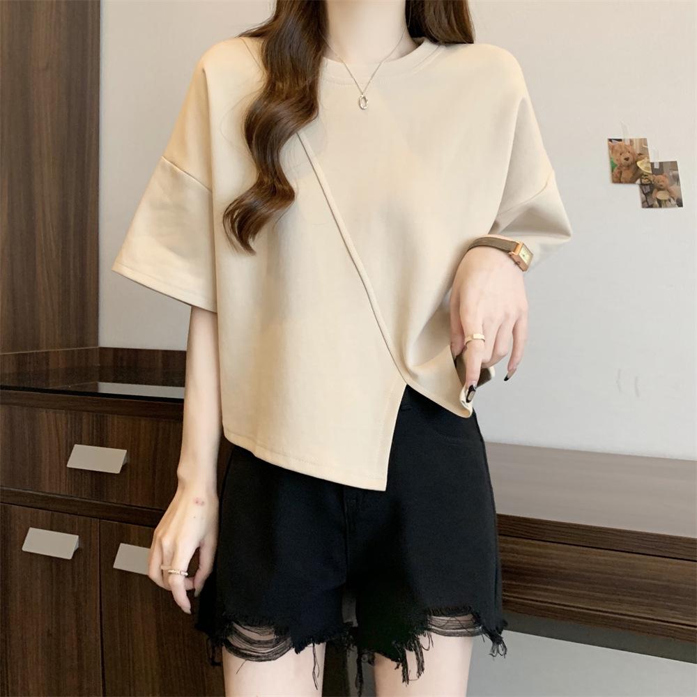 Women's Korean-Style Irregular Hem Short Sleeve T-Shirt - Trendy Summer Loose Fit Niche Design