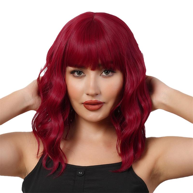 Premium Synthetic Wavy Wigs for Women Long Curly Wig with Bang Medium Water Wave Wig Wine Red Hair Auburn Wig Cosplay Drag Queen