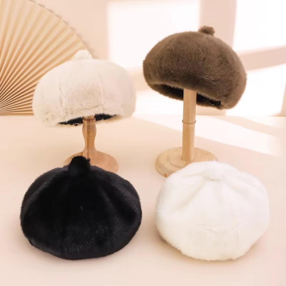 Solid Color Faux Rabbit Fur Beret Leopard Print Octagonal Beanie Cap Fluffy Plush Beret  Women Girl