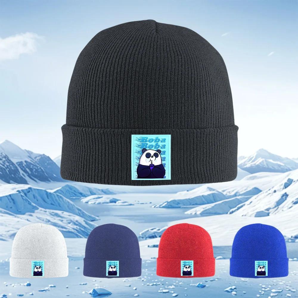 Happy panda boba tea drink Unisex Women Unisex Knitted Hat Beanie Pullover Cap Winter Thermal Warm Christmas Outdoor Cycling Hiking