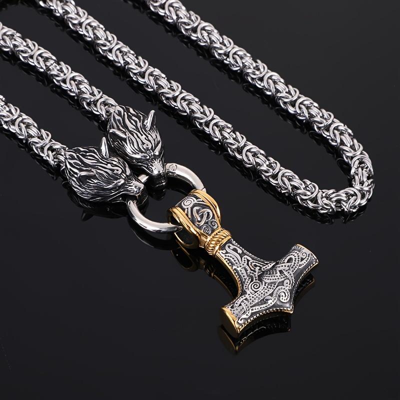 Viking Wolf and Valkhnut Men's Necklace - 201 Stainless Steel and Titanium Alloy, Norse Mythology Jewelry, Wolf Head Design