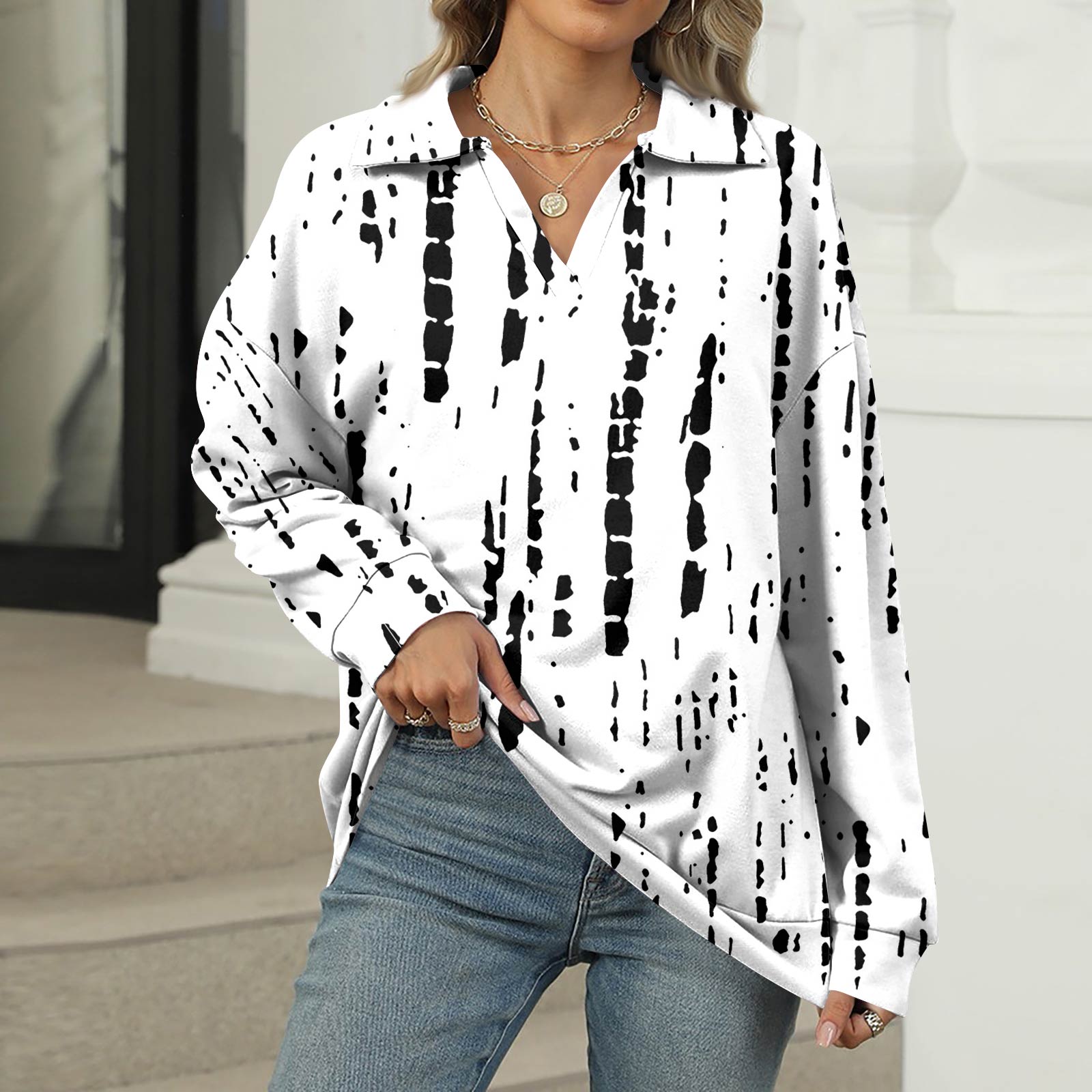 

Женская летняя модная повседневная рубашка с v-образным вырезом и длинным рукавом с принтом, топ L