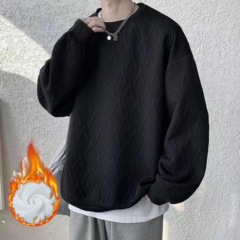 EYWY Men's Plus Size Thick White Hoodie with Velvet, Autumn/Winter Trendy American Style, Youth Round Neck Jacket