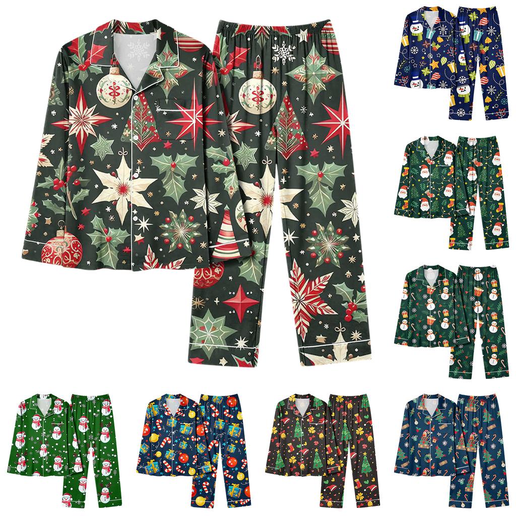 Damen Casual Mode Weihnachts-Print Langarm Oberteil und Hose Homewear Set