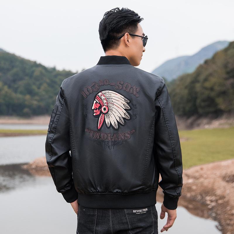 Men's Pu Leather Jacket Baseball Collar Embroidered Motorcycle Jacket Spring and Autumn Men's Casual Trendy Leather Jacket