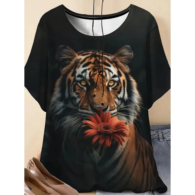 3D Printed Women's Round Neck Tiger Pattern T-shirt Multifunctional Summer Fresh Women's Version T-shirt Breathable Machine Wash Outdoor Top