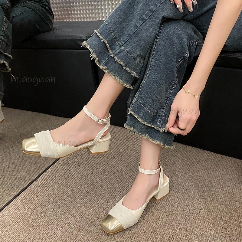 Fashion Mid Heel Square Toe Women's Sandals Elegant Office Ladies Daily Wear Ankle Straps French Pumps Sandalias Femininas Size 35-40