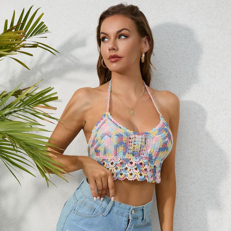 Fashion Bohemian Style Sexy Embroidery Hook Flower Top Colorful Knitted Sling Beach Bikini Bra