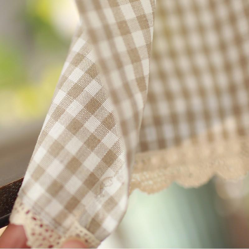 Nordic Style Light Brown Linen Cotton Checkered Half Curtain for Cabinets