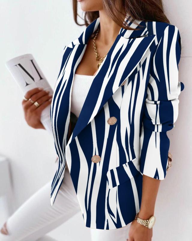 European & American Women's 2024 Autumn/Winter Slim Woolen Coat - Long Sleeve Double-Breasted Casual Printed Small Suit