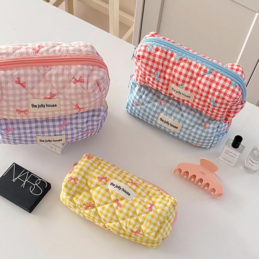 2024 Large Capacity Plaid Bow Pencil Case & Makeup Bag for Girls