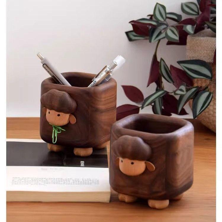 Solid Wood Pen Holder Office Desk Organizer Creative Sheep Pencil Cup Storage Box Birthday Gift Walnut Desktop Decoration