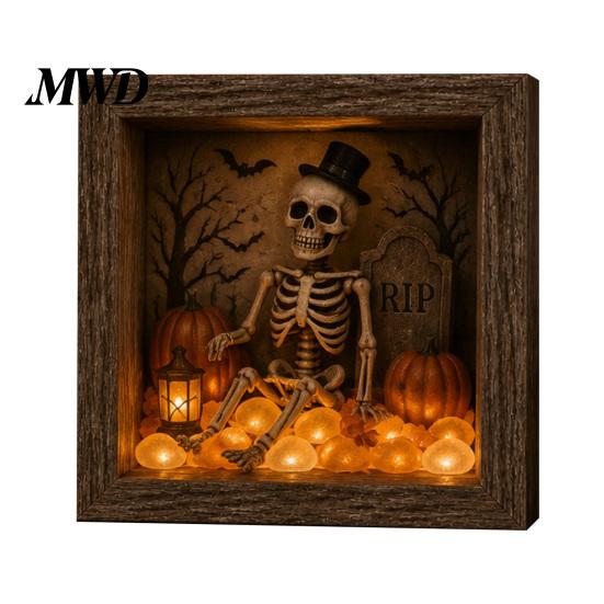 Wood Glass Picture Frame Halloween Shadow Box DIY Lighted Craft Kit, Wooden Night Light with Gothic Style Lamp Sea Stones, LED Memory Display Case for