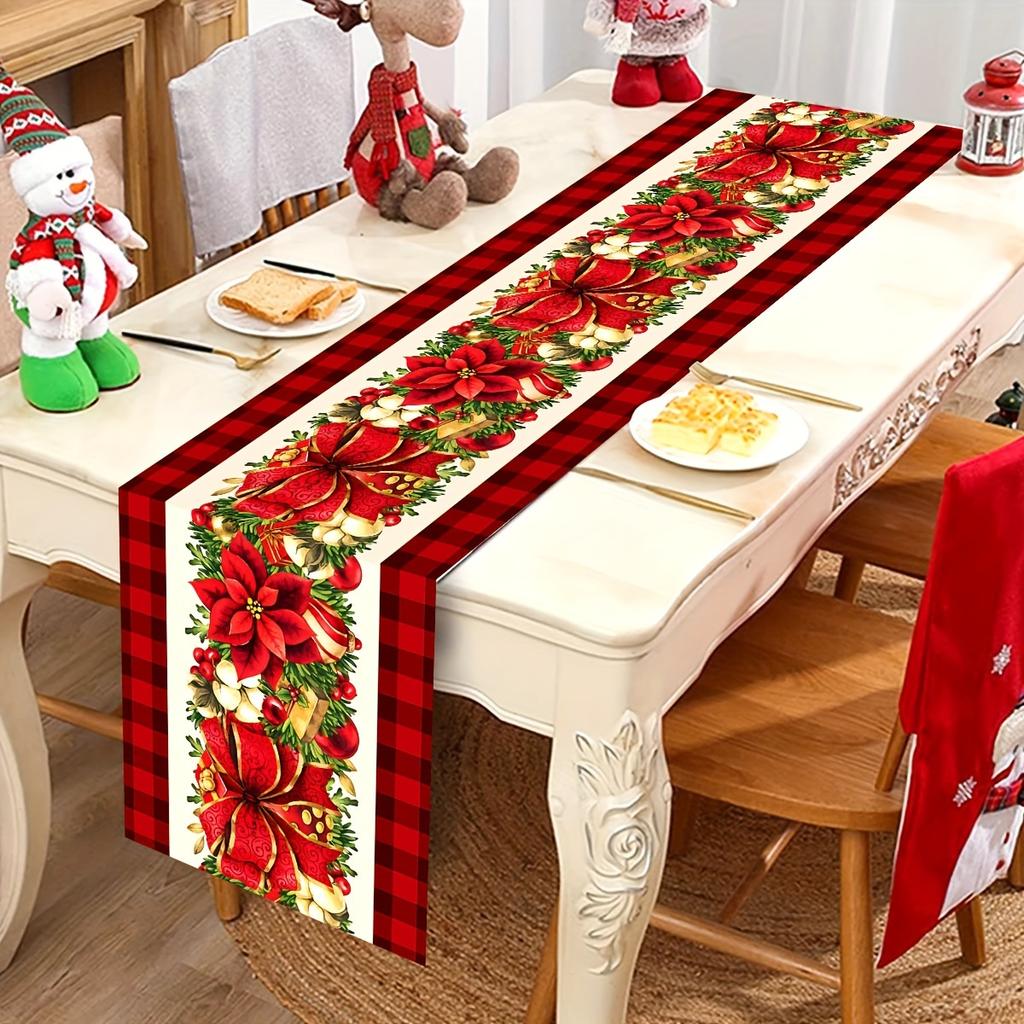Christmas Poinsettia Flowers Linen Table Runner Holiday Party Decor Winter Xmas Kitchen Dining Table Runner Christmas Decoration
