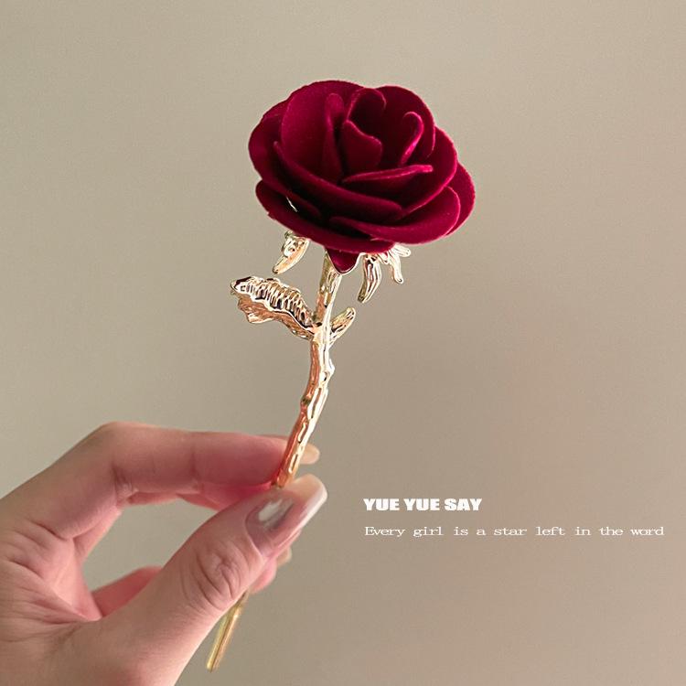 Elegant Red Rose Tassel Hairpin - U-shaped Hair Accessory for Women, Perfect for Updos and Traditional Attire.