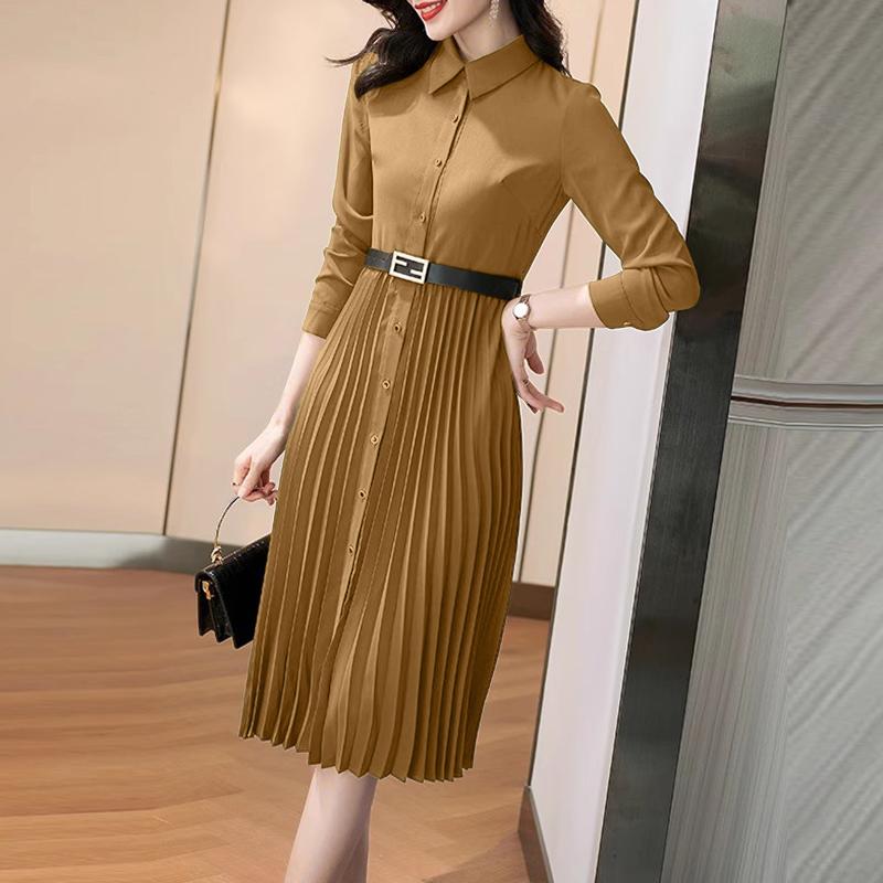 

ZANZEA Women Classic Collar Casual 3/4 Sleeve Pleated Dress 5XL хаки