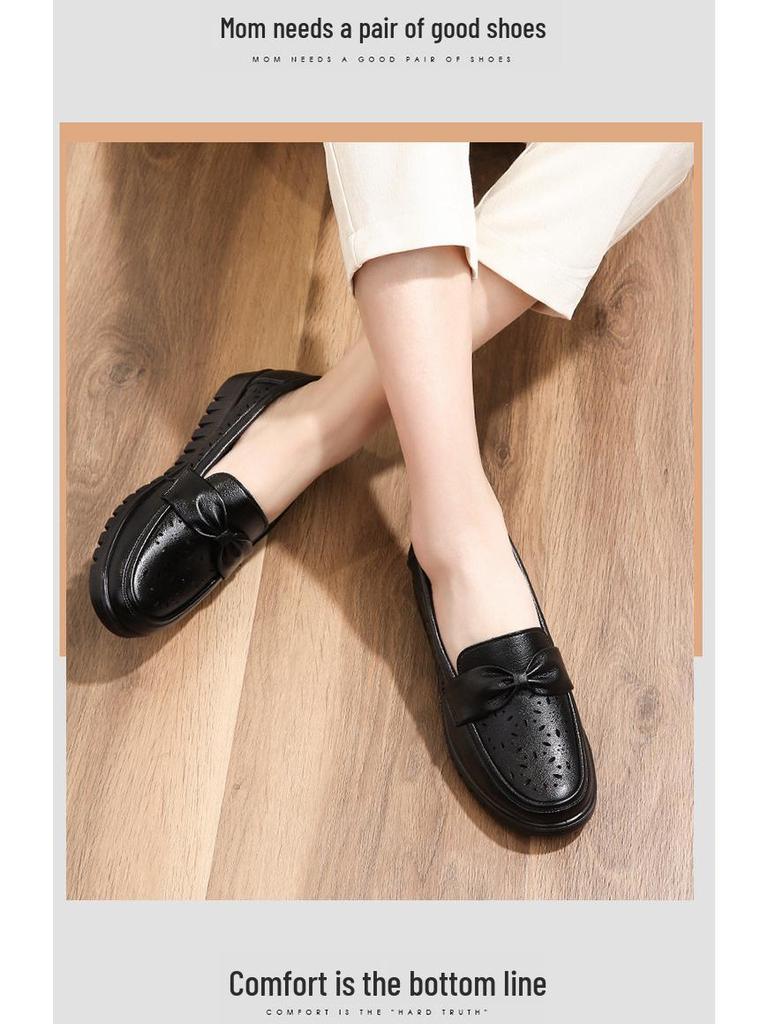 Genuine Leather Breathable Sandals for Moms - Comfortable Flat Heel with Soft Sole and Hollow Design for Middle-Aged & Elderly Women.