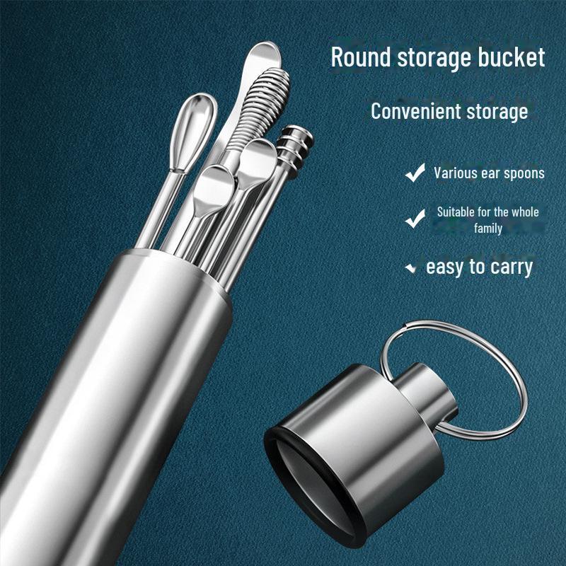 Six-Piece Stainless Steel Ear Cleaning Set with Spring Spiral Tools & Leather Case