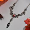 Halloween Bat Long Pendant Y-shaped Necklace, Gothic Inlaid Red Acrylic Bead Cross Pendant, Suitable for Daily Parties During Holidays