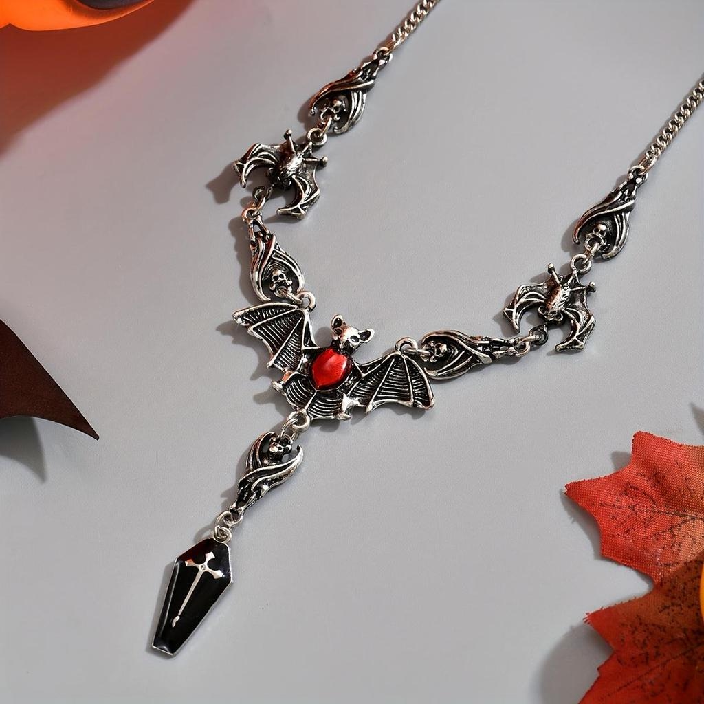 Halloween Bat Long Pendant Y-shaped Necklace, Gothic Inlaid Red Acrylic Bead Cross Pendant, Suitable for Daily Parties During Holidays