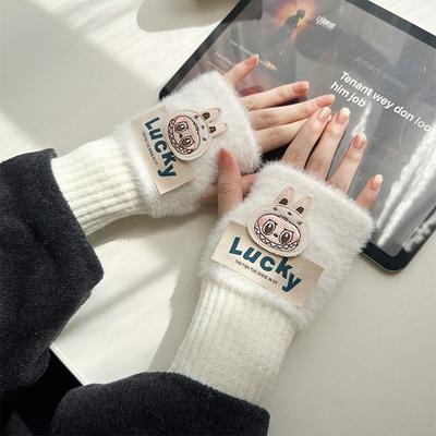 Nuevos Guantes de Felpa Cálidos de Dibujos Animados Suerte Labu Muñequeras Tejidas para Escribir en la Oficina Guantes sin Dedos para Mujer