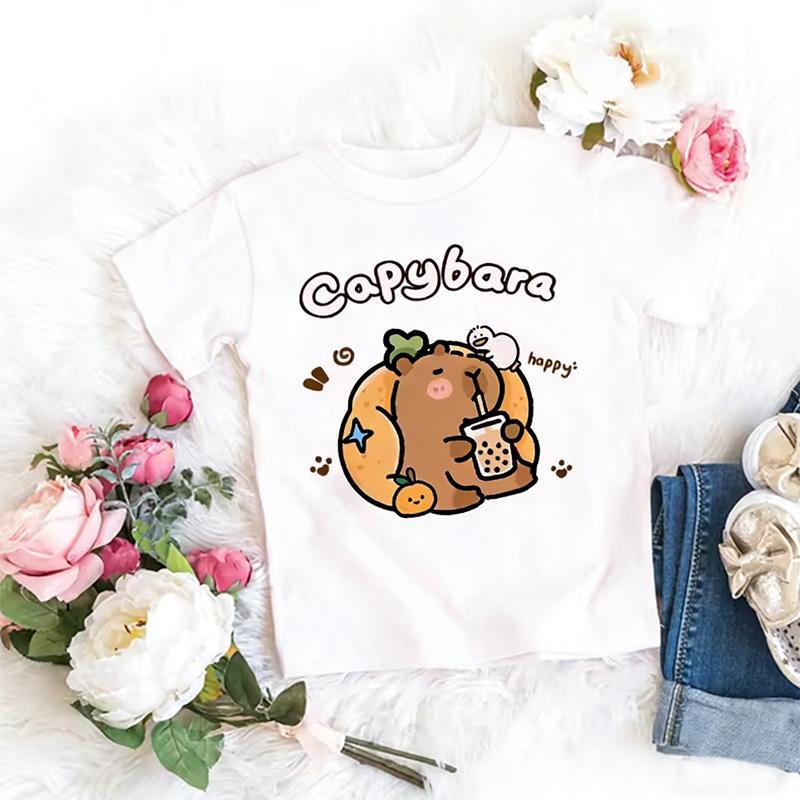 Girls Trendy Capybara Letter Print Design T Shirts Kids Children's T-shirt Boys Girls Summer Spring Casual Tops Tee