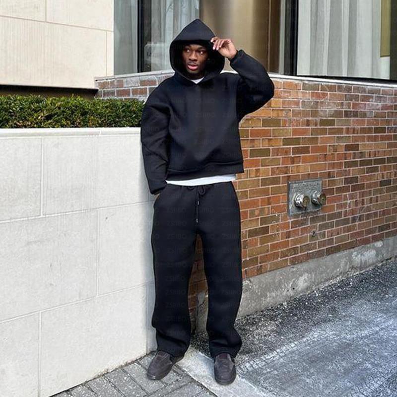 Unisex Oversized Hooded Sweatshirt Matching Joggers Set Solid Color Streetwear Casual Lounge Wear