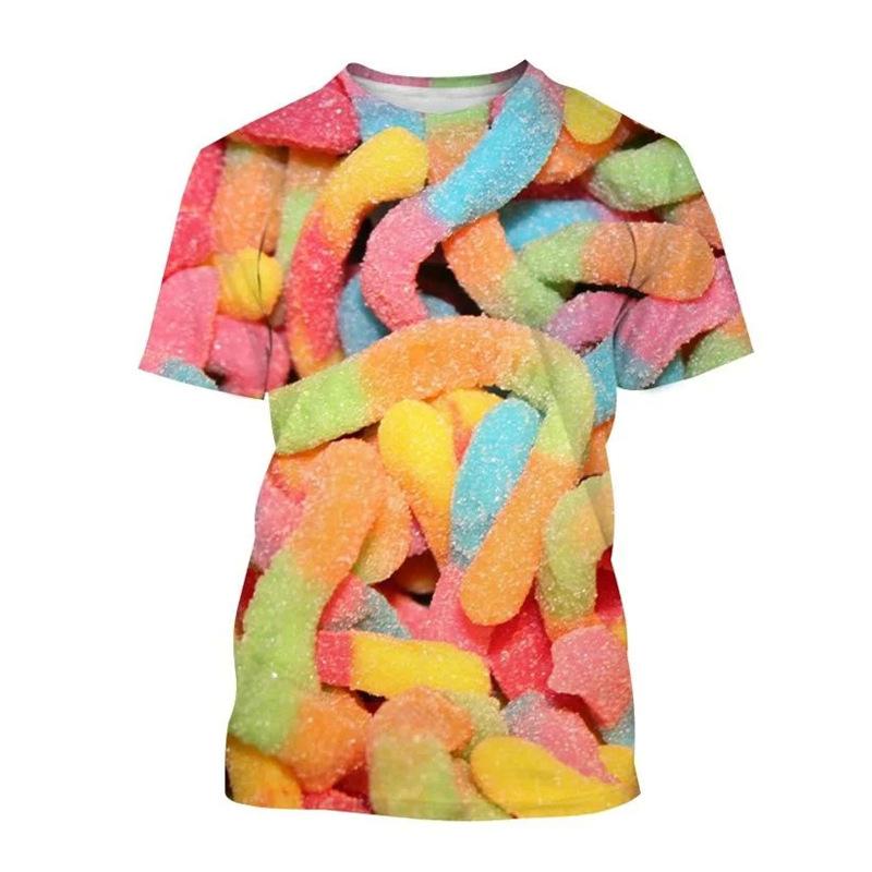 Candy 3D Printed Short Sleeved T-shirt Summer Breathable Polyester Simple Round Neck Top