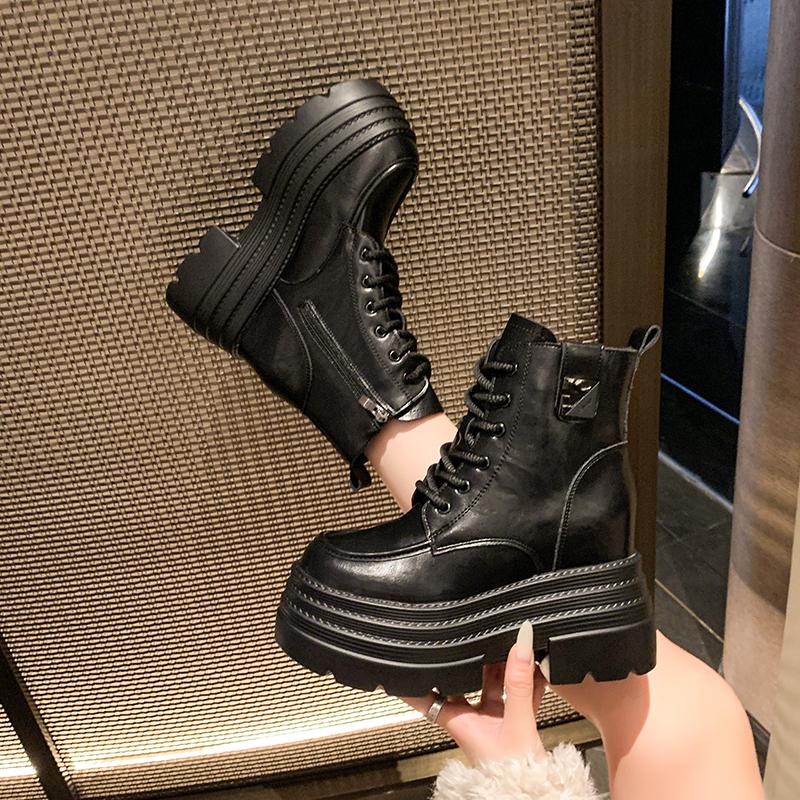 Fashion 10CM Women Thick Heels Ankle Boots 2025 Winter Warm Fur Chunky Sneakers Plush High Heels Platform Leather Motorcycle Boots Woman