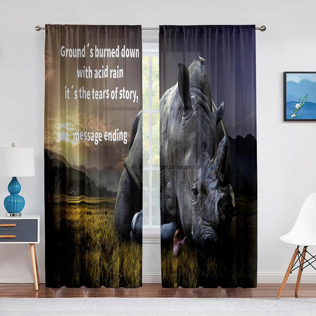 Wildtier Nashorn Grau Schwarz Tüll Vorhänge für Wohnzimmer Schlafzimmer Dekoration Transparent Chiffon Transparent Voile Fenstervorhang