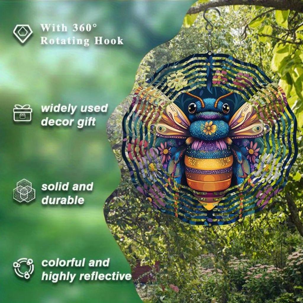 Metal Wind Spinner Outdoor Decor with Colorful Bees Flowers 360 Rotating Hook for Garden Yard Balcony Halloween Christmas Thanksgiving