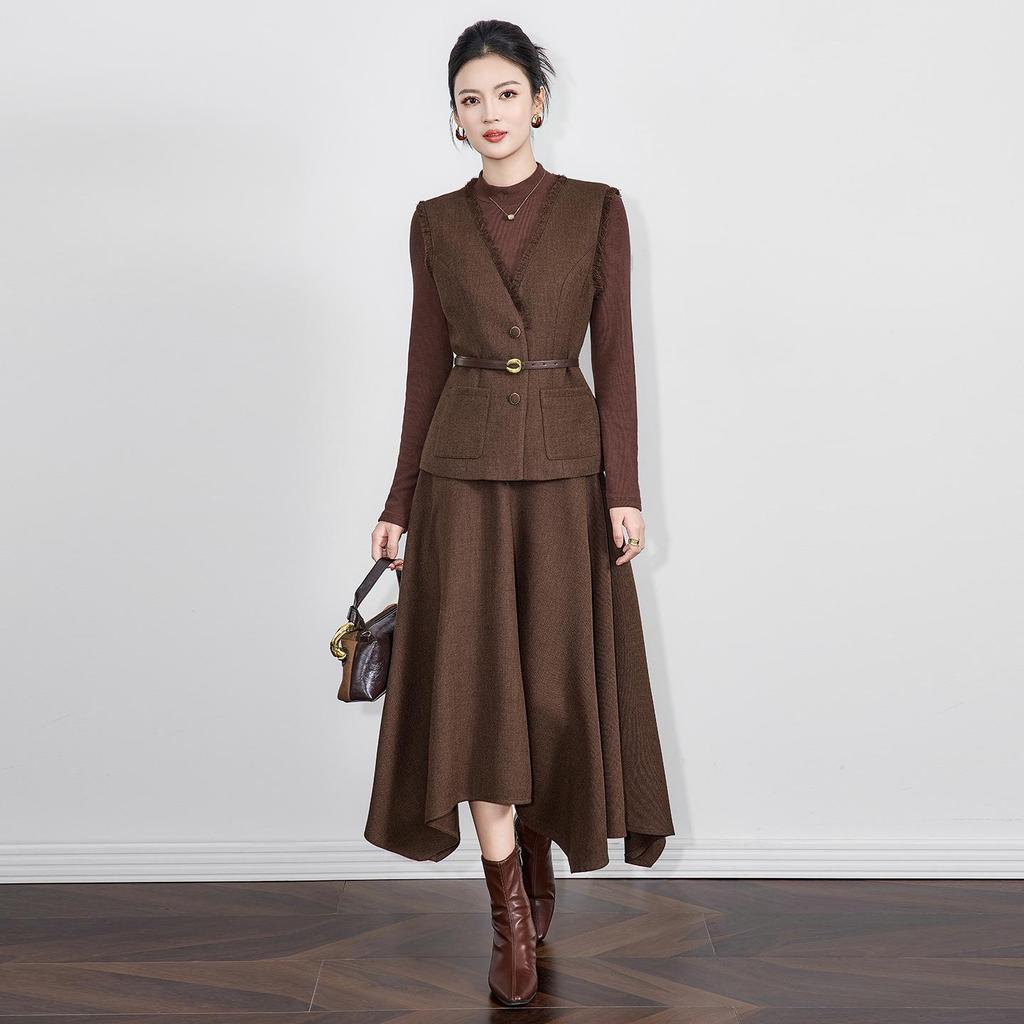 Elegant Waist-Cinched V-Neck Vest + Skirt Two-Piece Set for Women - Autumn/Winter New Arrival
