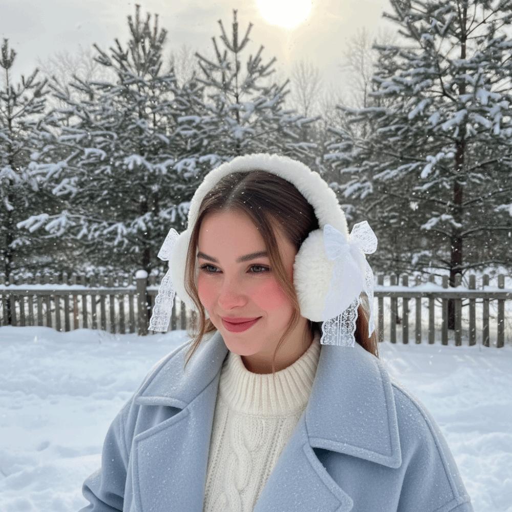 Căciuli de iarnă din pluș cu dantelă, acoperitoare groase pentru urechi, încălzitoare dulci pentru urechi cu fundă, pentru ciclism