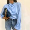 Vintage Women Elegant Cowl Neck Soft Loose Blouse Fashion Top Casual Female Fold Design Tops Girls Blouses Thin Shirts for Women Bottom