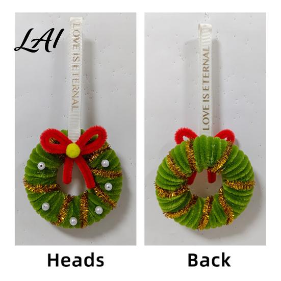 Plastic Festive Pendant Handmade Pipe Cleaner Christmas Wreath Ornament Chenille Stems Mini Holiday Gift for Family Crafts with Bow Bells Window