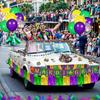 Mardi Gras Parade Float Decorations Kit Purple Green Gold Tinsel Garlands Fan Flag Mardi Gras Banner Balloons Paper Fans Streamers Masquerade Masks